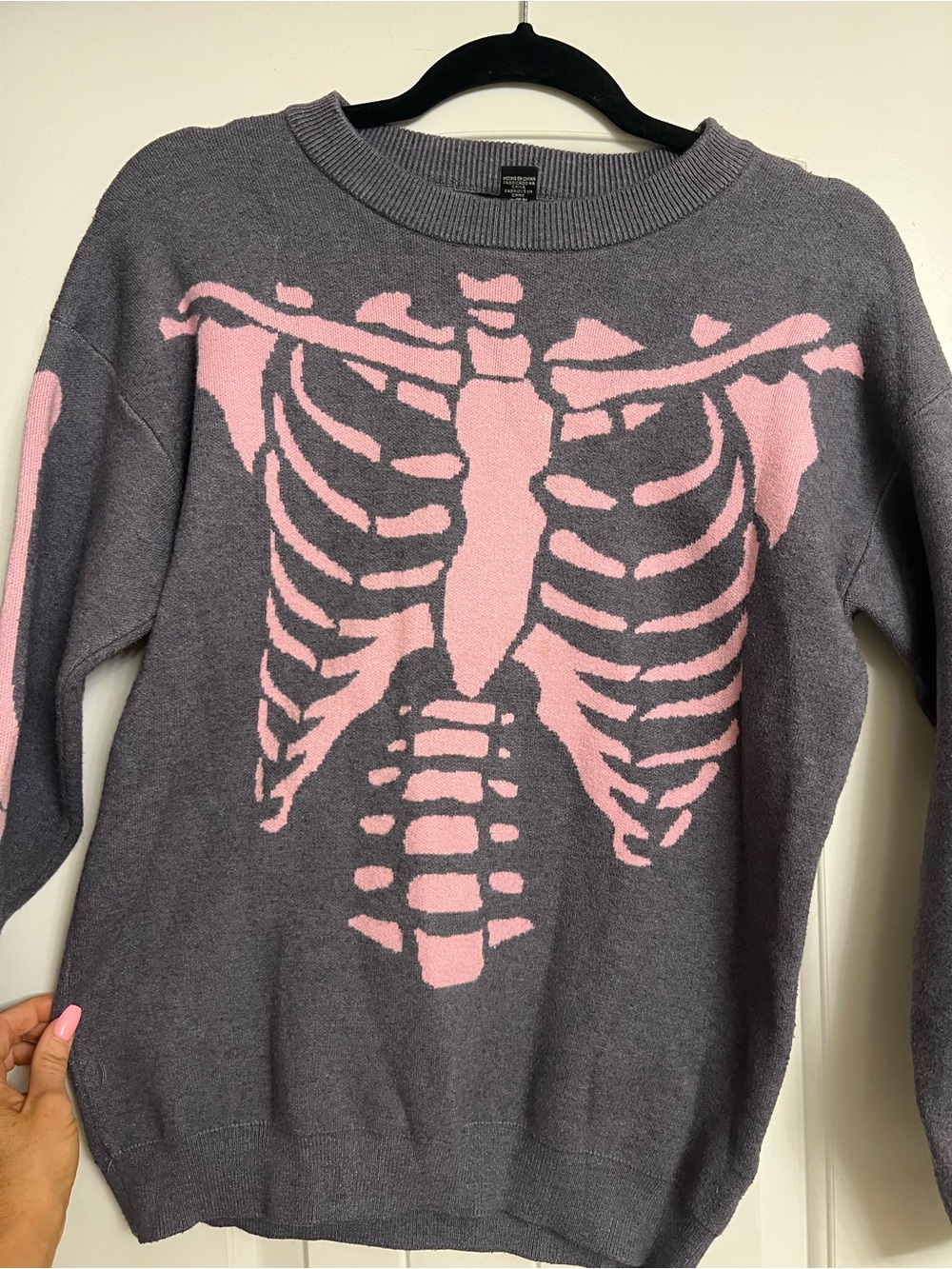 Forever 21 Gray Sweater with Pink Skeleton Intarsia
